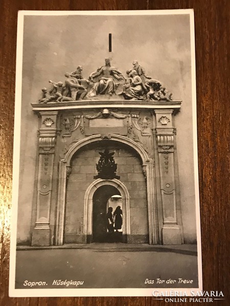 Sopron Loyalty Gate with black and white postcard stamp. 1933. Das tor der treue