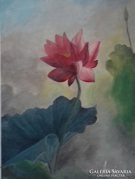 Piros lótusz hajnali ködben című festmény - csendélet, virág