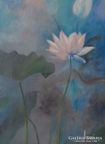 Fehér lótusz hajnali ködben című festmény - csendélet, virág