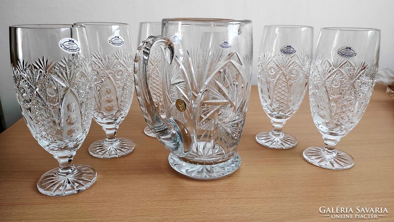 Rarely found, extremely beautiful Czechoslovak crystal beer set with crystal pitcher