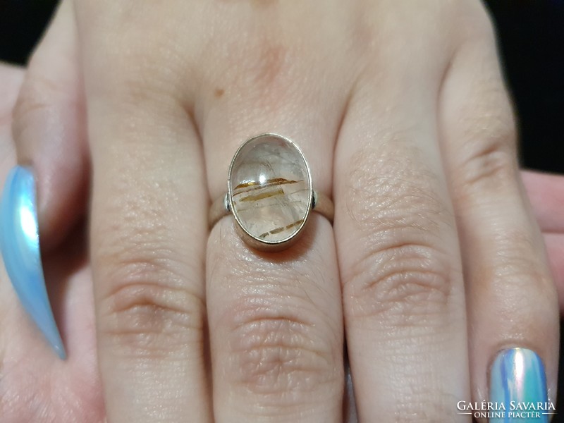 Gold rutile quartz silver ring size 8! 7Karat!