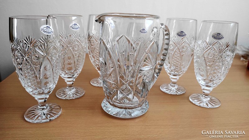 Rarely found, extremely beautiful Czechoslovak crystal beer set with crystal pitcher