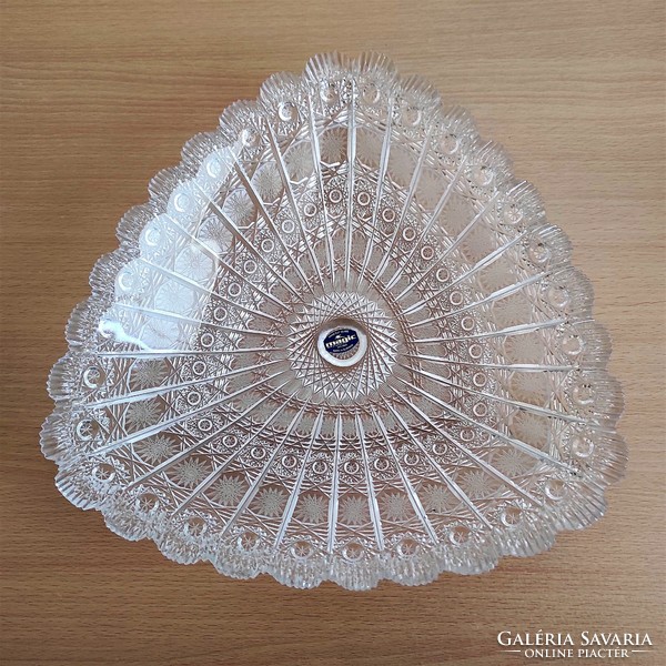 Indescribably beautiful, hand-polished, triangular Czech crystal serving bowl with bonbon holder