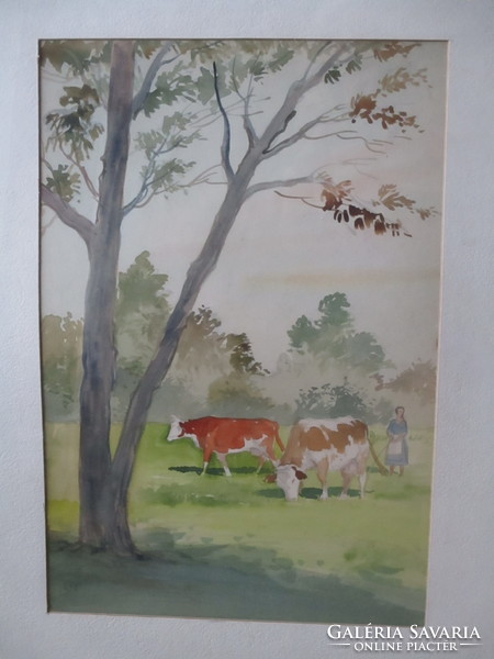 Very nice cozy folk theme / cows grazing / painting