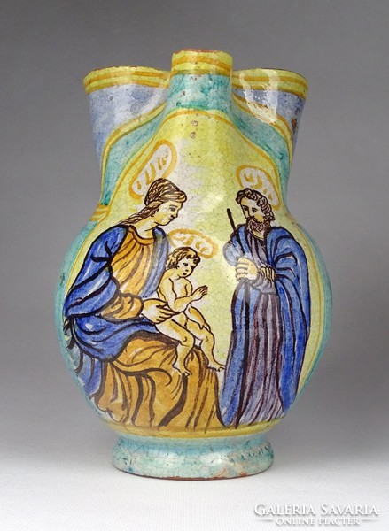 1G699 antique marked tile baptismal pitcher 1820-1840