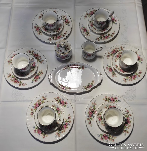 Angol Royal Albert 6 személyes porcelán kávés készlet, 21 db-os: süteményes, tejkiöntő, cukortartó