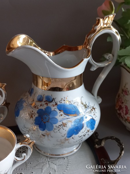Antique serving, jug, 3 + 1 cups, hand painted with blue flowers