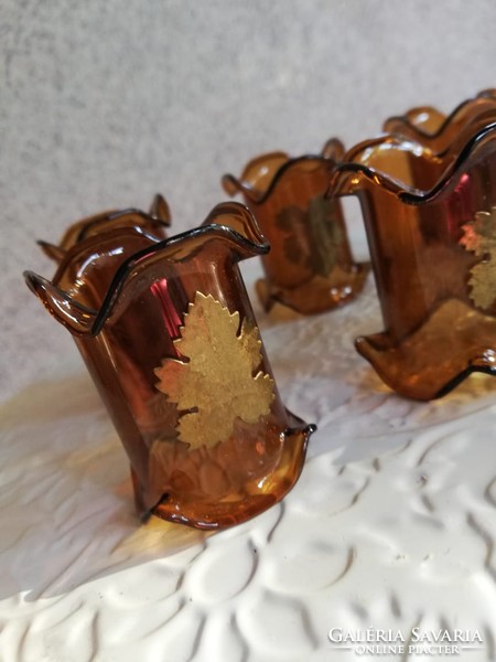 Amber colored glass-copper decorative napkin ring set