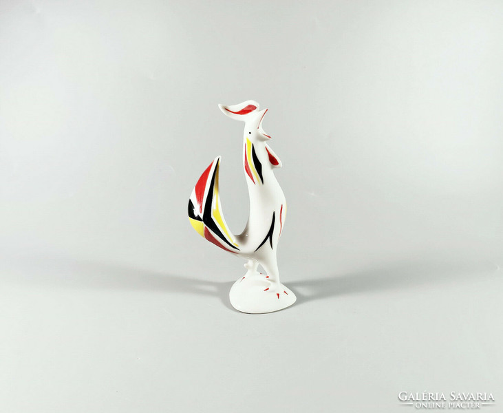 HOLLÓHÁZI, MID-CENTURY MODERN KAKAS KÉZZEL FESTETT PORCELÁN FIGURA, HIBÁTLAN! (J010)