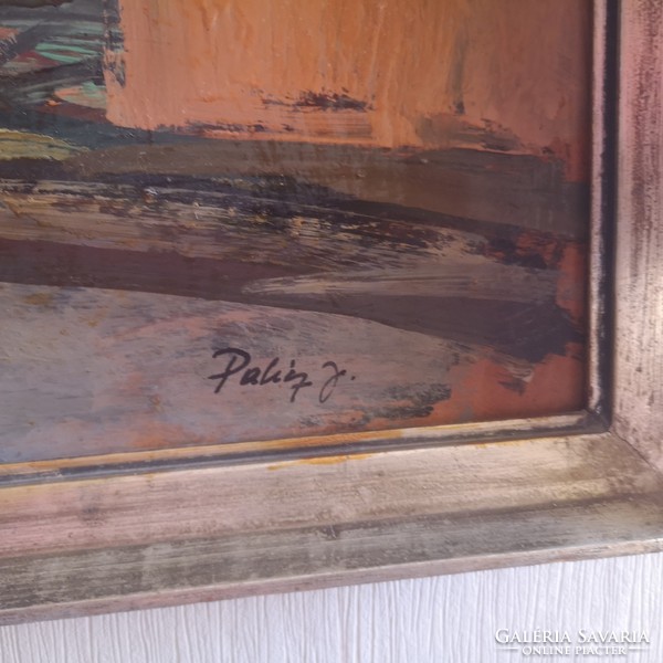 Painter József Palicz (1931-2010): red roof oil painting in original frame