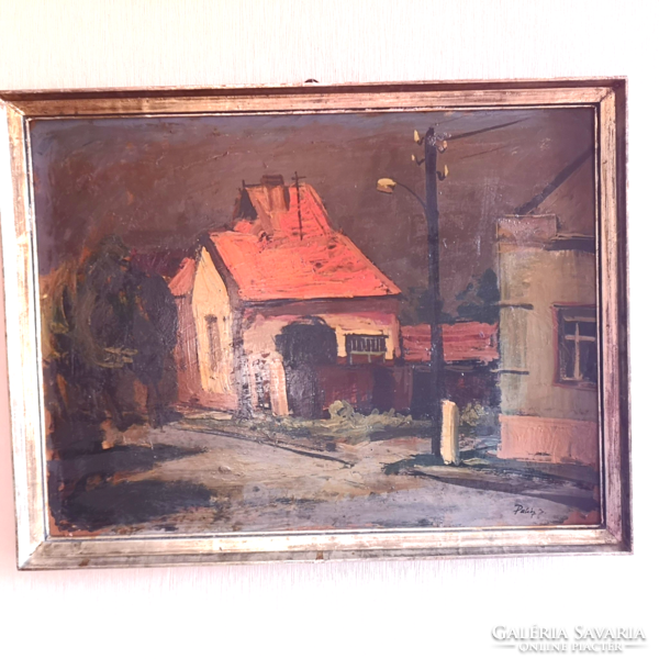 Painter József Palicz (1931-2010): red roof oil painting in original frame