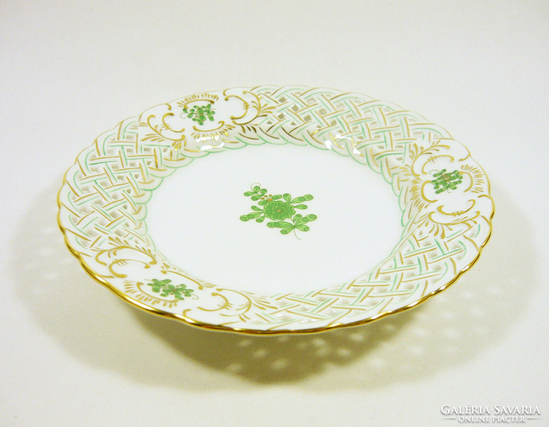 Herend, green garden pattern openwork hand-painted small porcelain wall plate, flawless! (T008)