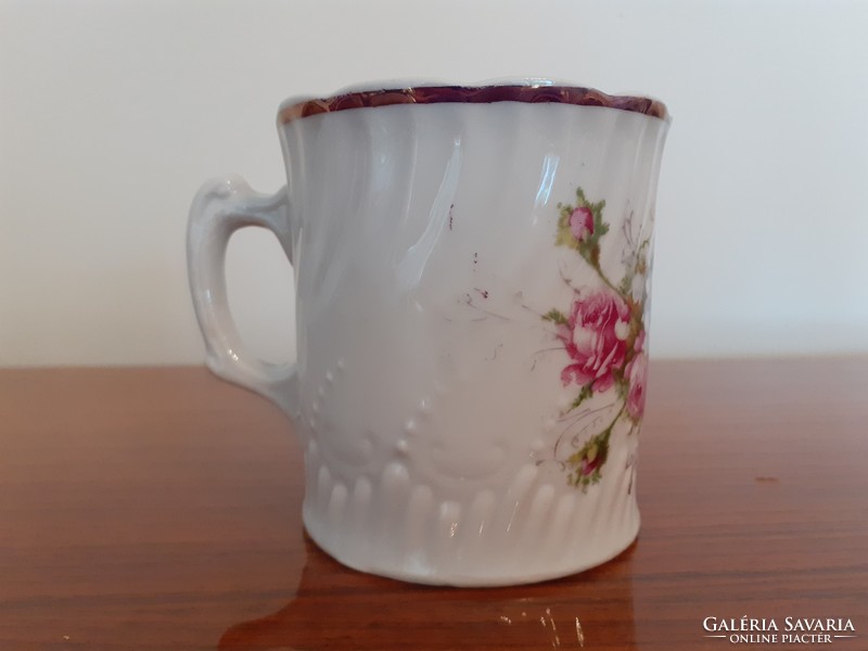 Antik porcelán bögre emlék feliratos rózsás gyöngyvirágos régi csésze bögre