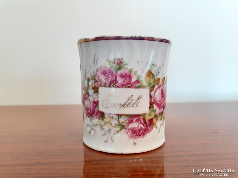 Antik porcelán bögre emlék feliratos rózsás gyöngyvirágos régi csésze bögre