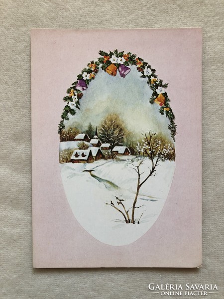 Régi postatiszta Karácsonyi képeslap, grafikus levelezőlap - Katona Györgyi grafika