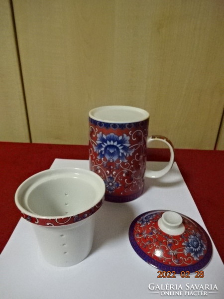 Japán porcelán, teafőző pohár szűrővel, tetővel. Vanneki! Jókai.