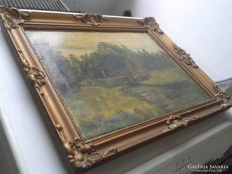 Impressionist-style Hungarian tailor signed riverside landscape framed-37x47 cm