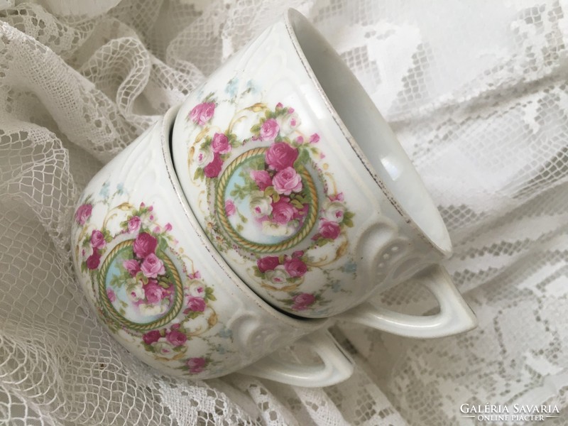 Thick porcelain rose patterned cups in pairs