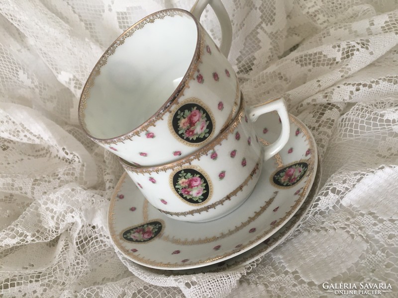 Viennese rose medallion tea cups + saucers