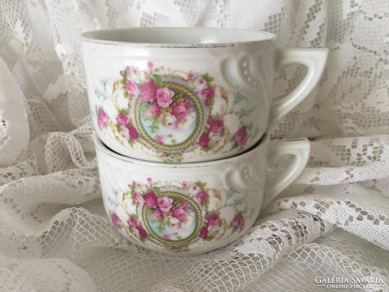 Thick porcelain rose patterned cups in pairs
