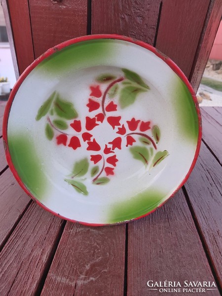 Zománcos zománcozott  Budafoki virágos zöld piros  mintás tányér dísznek dekornak Nosztalgia