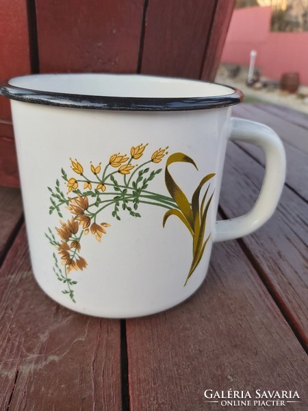 Enamel Enameled Larger Mug Jar Flower Pattern Ornament Village Peasant Nostalgia