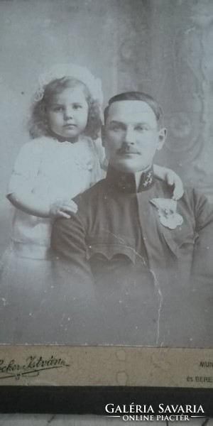 Antique soldier photo, soldier and little daughter worker and burgher