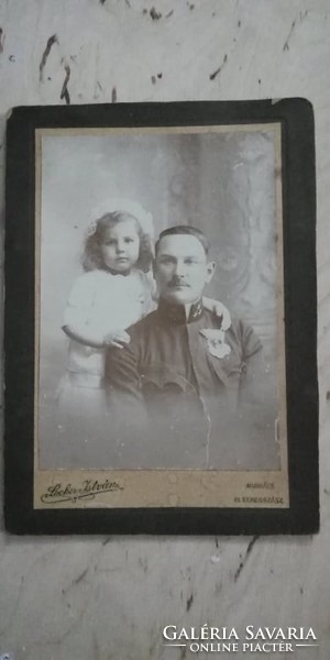 Antique soldier photo, soldier and little daughter worker and burgher