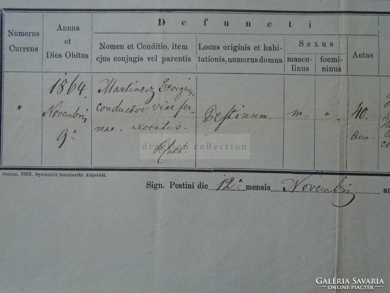 ZA390.12 Régi dokumentum  Pest 1864 - Martinecz György -Michael Déry  Szt. Rókusi Parochia  okmányb.