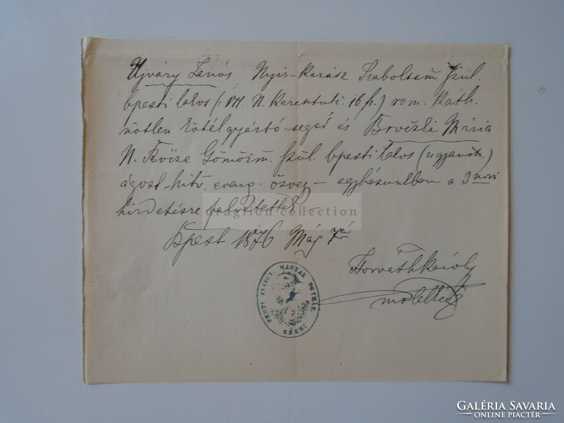 Za393.6 Old document budapest 1876 - ujváry jános - nyírkarász, szabolcs vm, - croatian karoly