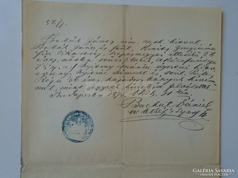 ZA393.8 Régi dokumentum  Budapest Bachát Dániel lelkész főesperes aláírásával -1875 Bobák János