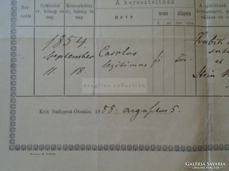 ZA392.4 Régi dokumentum  Budapest -Óbuda - 1888 Carolus KUBIK - Stein