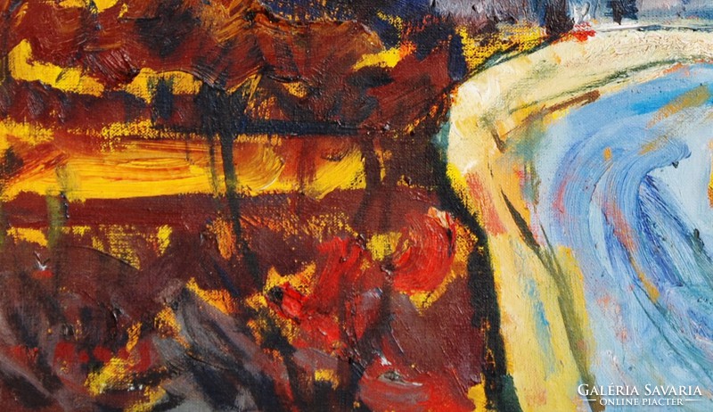 Monos József (1932-2013): Út a budai Várban - olaj-vászon festmény, képcsarnoki, keretezve