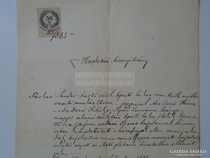 ZA393.5 Régi dokumentum Budapest 1885 -  Ács Dezső Mihály - Kontra János s.l. s.k. aláírása