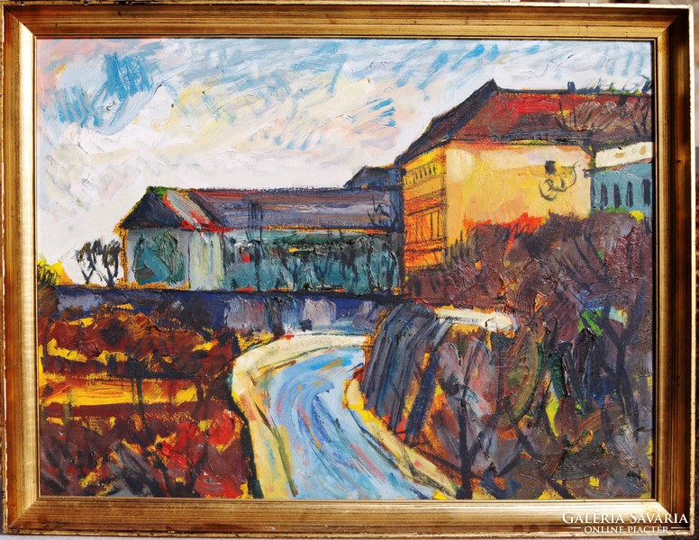 Monos József (1932-2013): Út a budai Várban - olaj-vászon festmény, képcsarnoki, keretezve