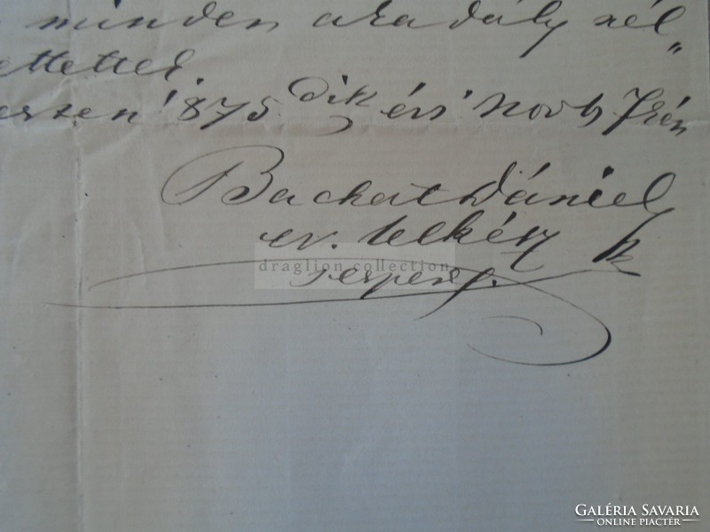 ZA393.7 Régi dokumentum  Budapest Bachát Dániel lelkész főesperes aláírásával -1875 Kapuszter János