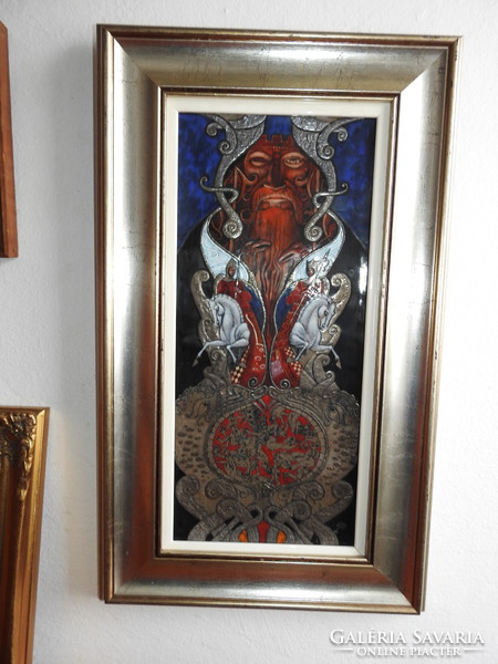 István Vágó - odin - fire enamel picture / 19 cm x 44 cm + frame