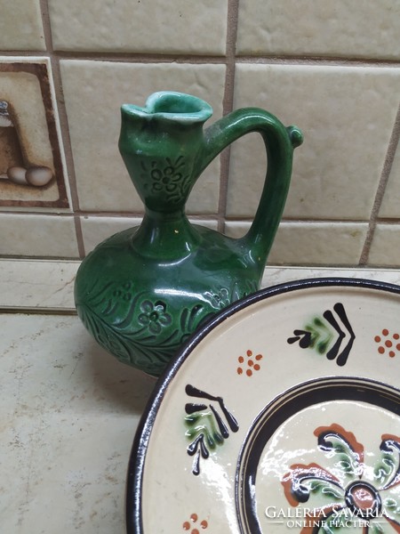 Folk glazed hand-painted ceramic jug, ornament plate for sale!
