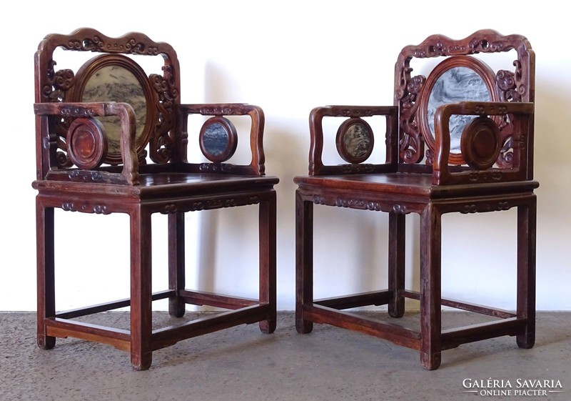 1F739 pair of beautiful oriental orientalist marble hardwood reclining chairs from the early 1900s