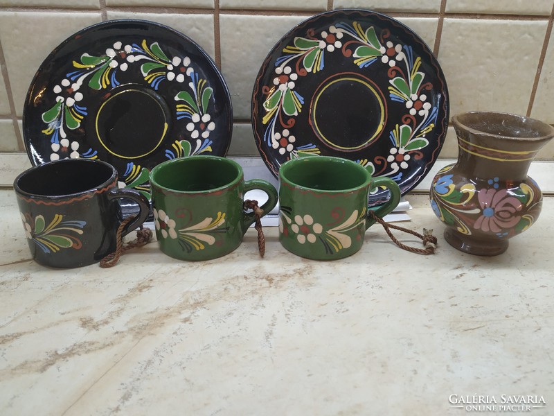 Folk, glazed, hand-painted ceramic ornament plate 2 pcs, 3 glasses, 1 vase for sale!