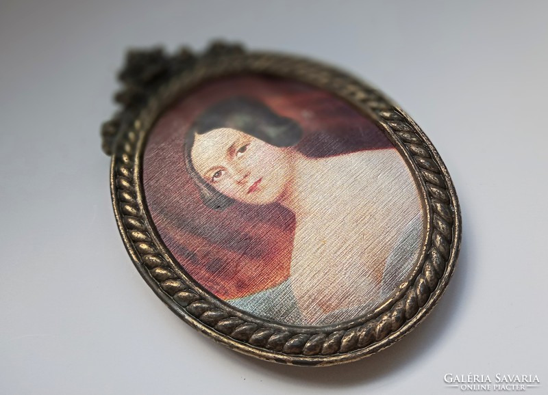 Antique silk picture print in copper frame 12.5X8.5Cm