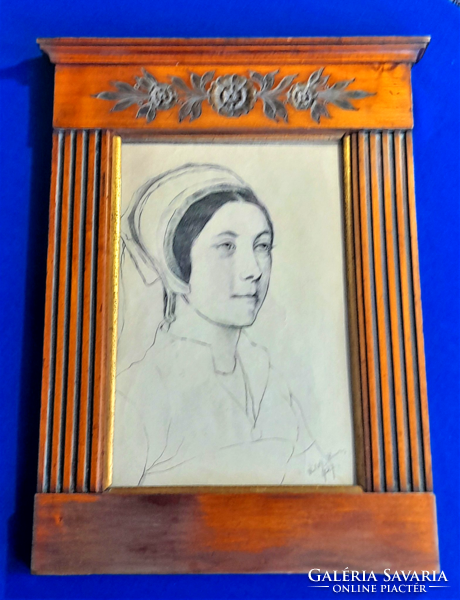 Female portrait with antique pencil drawing