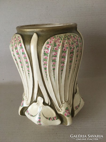 Antique turn teplitz faience vase with rose garland