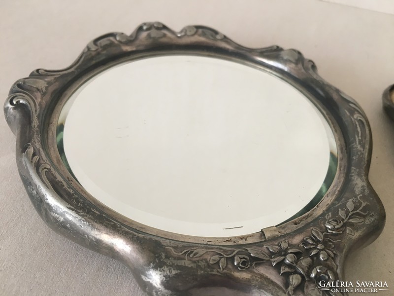 Antique silver plated hand mirror and hairbrush with putties