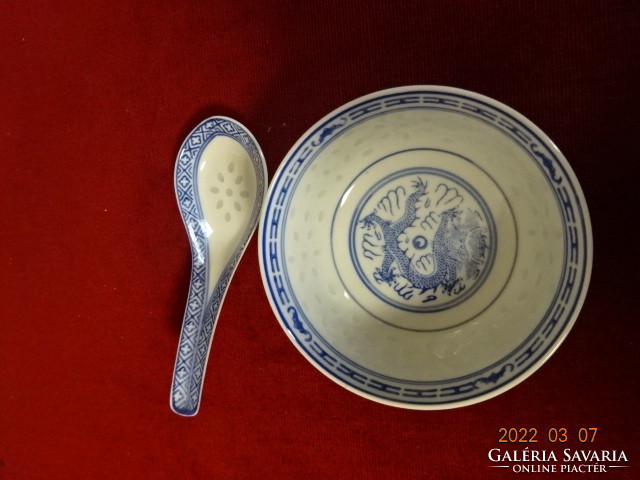 Chinese porcelain rice bowl with spoon, blue color, transparent. He has! Jókai.