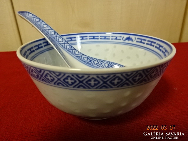 Chinese porcelain rice bowl with spoon, blue color, transparent. He has! Jókai.