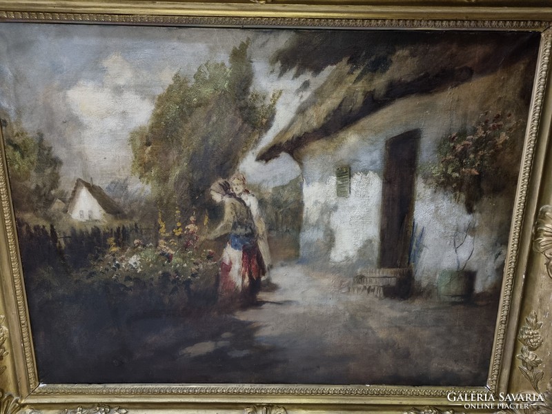 Old oil canvas picture in gilded frame
