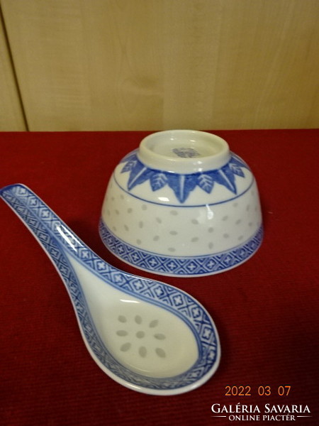 Kínai porcelán rizses tál kanállal, kék színű, átlátszó. Vanneki! Jókai.