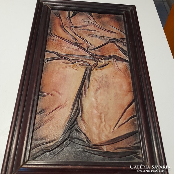 Leather picture in wooden frame