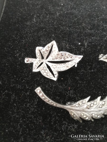 Hungarian brooches in the form of old silver handcrafted marcasite leaves for sale!